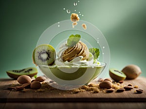 Kiwi ice cream, floating, delicious refreshing treat gelato. High vitamins and minerals, cinematic advertising photography