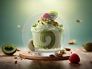 Kiwi ice cream, floating, delicious refreshing treat gelato. High vitamins and minerals, cinematic advertising photography