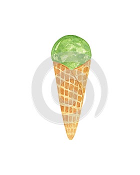 Kiwi ice cream in a waffle cone fruity frozen juice watercolor food illustration, sweet simple dessert for summer or holiday