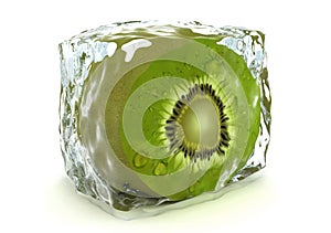 Kiwi in ice cube isolated on white