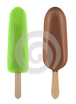 Kiwi ice-lolly and ice cream covered with chocolate