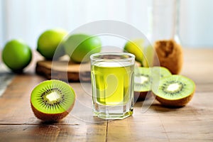 kiwi juice in a glass with halved kiwis on the side