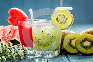 Kiwi juice and watermelon juice with fresh fruits