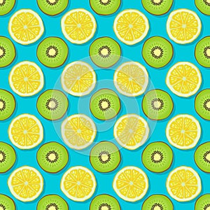 Kiwi and lemon seamless pattern on blue background
