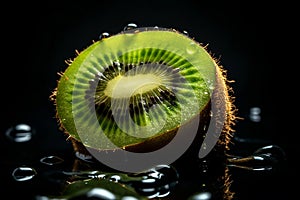 Kiwi, a slice of fresh kiwi fruit covered in water droplets. Black background.