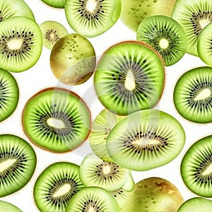 Kiwi Slices On A White Background. Seamless Background. Generative AI