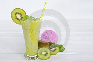 Kiwi smoothies colorful fruit juice beverage green healthy the taste yummy In glass drink episode morning on white background.