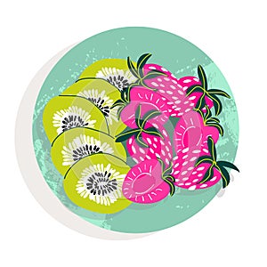 Kiwi and strawberry fruit breakfast on a plate. Summer yummy. Trendy vector illustration whitewashed. Hand drawing style