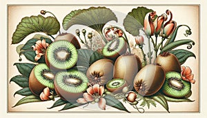Kiwifruit or kiwi is the edible berry of several species of woody vines in the genus Actinidia. photo