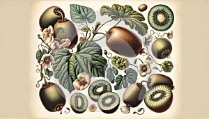 Kiwifruit or kiwi is the edible berry of several species of woody vines in the genus Actinidia. photo
