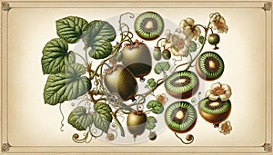 Kiwifruit or kiwi is the edible berry of several species of woody vines in the genus Actinidia. photo