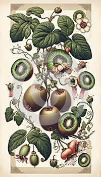 Kiwifruit or kiwi is the edible berry of several species of woody vines in the genus Actinidia. photo