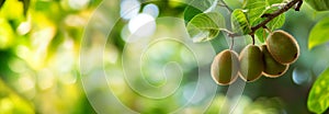 The Kiwifruit on the tree branch. Close up. Copy space for text. Blurred background. Banner slider template.