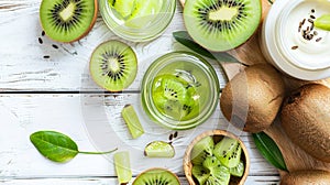 Kiwis and assorted fruits on wooden surface