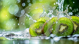 Kiwis Fruits Splashing in Water Against a Light Green Backdrop. Juicy Delight. Kiwis Background