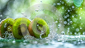 Kiwis Fruits Splashing in Water Against a Light Green Backdrop. Juicy Delight. Kiwis Background