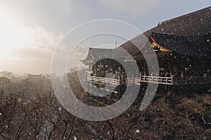 Kiyomizu temple, with snow in sunset famous landmark and tourist attraction in Kyoto, Japan