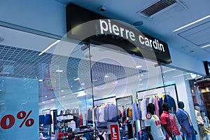 Kiyv, Ukraine - August 2, 2020: Pierre Cardin logo on the shop in the outlet center
