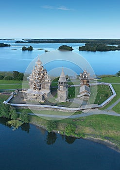 Kizhi island. Church of The Transfiguration built in the early 18th century. Onega lake, Karelia, Russia. Aerial view