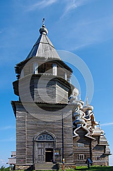 Kizhi, Karelia, Russia - July, 2021: The bell tower of the Kizhi Pogost