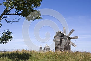 Kizhi. A windmill and Preobrazhenskiy church