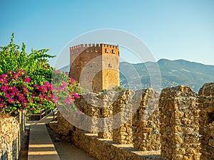 Kizil Kule or Red Tower and fortress wall in Alanya, Antalya, Turkey