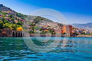 Kizil Kule tower in Alanya peninsula, Antalya district, Turkey, Asia. Famous tourist destination with high mountains. Part of