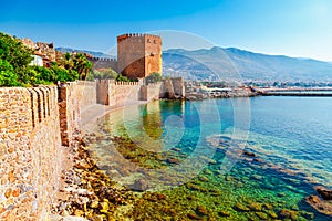 Kizil Kule tower in Alanya peninsula, Antalya district, Turkey, Asia. Famous tourist destination with high mountains. Part of