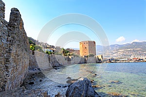 Kizil red tower with alanya fortress with alanya city