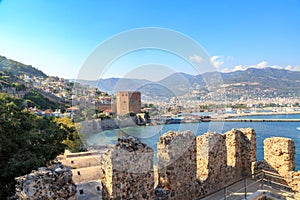 Kizil red tower from historic Alanya fortress with city