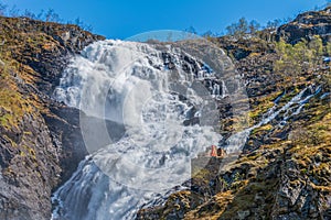 Kjosfossen waterfall on the flamsbana mountain railway.