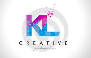 KL K L Letter Logo with Shattered Broken Blue Pink Texture Design Vector.