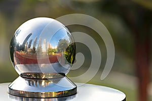 KL twin towers reflecting in a metal sphere.