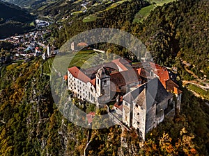 Klausen, Italy - Aerial view of the SÃÂ¤ben Abbey Monastero di Sabiona with Chiusa Klausen comune northeast of Bolzano photo