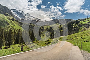 Klausen Pass mountain road connecting cantons Uri and Glarus in the Swiss Alps, Spiringen, Canton Uri, Switzerland