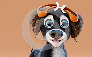 Kleiner wuscheliger Mädchen Hund Pudel Mix in schwarz weiß mit wenig Locken auf dem Kopf im Disney Pixar Design, 3d render