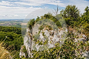 Klentnice, South Moravia, Czech Republic, 05 July 2021:  ruins of medieval Orphan`s castle or Sirotci hradek, St. Jacob`s Way at