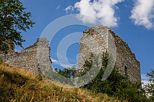 Klentnice, South Moravia, Czech Republic, 05 July 2021:  ruins of medieval Orphan`s castle or Sirotci hradek, St. Jacob`s Way at