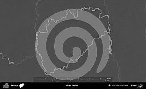Klicau District outlined, Belarus. Grayscale