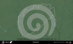 Klicau District outlined, Belarus. Physical