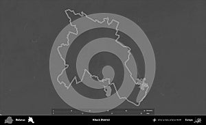 Klieck District outlined, Belarus. Grayscale
