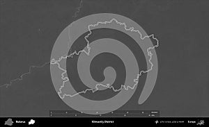 Klimavicy District outlined, Belarus. Grayscale
