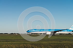 KLM airplane is ready to take off from the runway, Boeing 787-9, KLM royal dutch airlines, runway Polderbaan