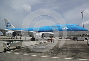 KLM Boeing 747 plane on tarmac at Princess Juliana Airport