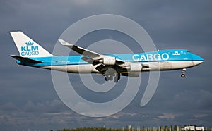 KLM Cargo Boeing 747-400 PH-CKA cargo plane landing at Amsterdam Schipol Airport