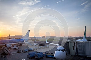 KLM Dutch airlines planes taxxing while a Transavia plane is bording in Amsterdam Schiphol Airport, the hub of KLM carrier