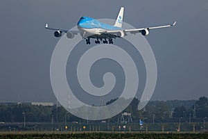 KLM Jumbo Boeing B747 plane landing on Polderbaan, Amsterdam Airport Schiphol AMS