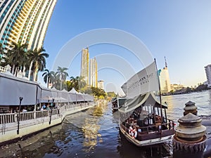 Klongsan,Bangkok,Thailand on 19/2/2019:At private pier of The Peninsula Bangkok Hotel,we can see hotel ferry boats and many buildi