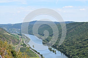 Klotten, Germany - 08 02 2022: Mosel valley with a islands near Pommern