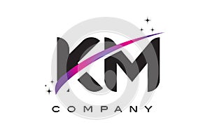 KM K M Black Letter Logo Design with Purple Magenta Swoosh